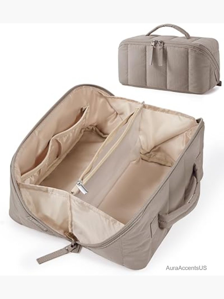 Travel Makeup Bag, Water-Resistant Cosmetic Case, Puffy Padded Organizer, Open